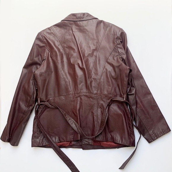 Vintage 90s Red Brown Leather Button Jacket Blazer Tie Waist Removable Lining L - Picture 2 of 16